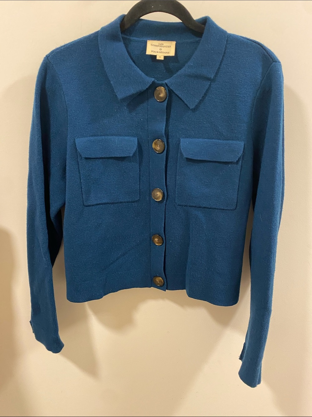 Sezane Betty Cardigan Teal-Blue Button Front Knit Jacket